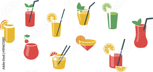 Flat isometric cocktail drinks illustration, colorful fruit beverages set, citrus garnish glasses, modern bar vector design collection artwork