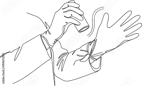Continuous line drawing of a doctor putting on sterile surgical gloves representing medical hygiene clinical safety and professional healthcare preparation.