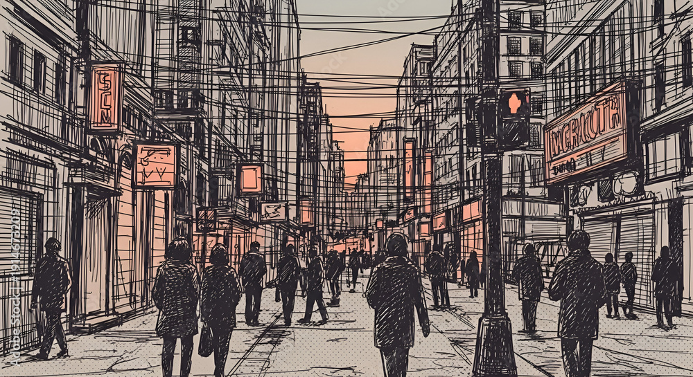 Fototapeta premium City street scene with people walking.