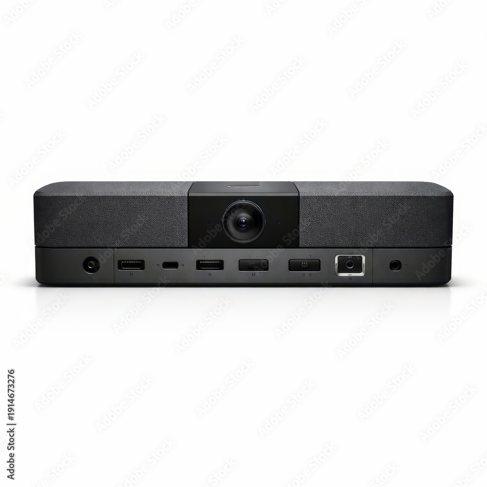 Obraz premium Sleek all-in-one conference camera bar featuring a central wide-angle lens and multiple connection ports, ideal for modern video meetings, hybrid offices, and tech marketing.