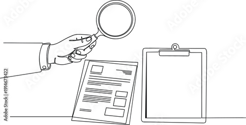 Continuous line drawing of a hand holding a magnifying glass over documents and a clipboard representing legal audit document verification and recruitment screening.