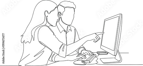 Continuous line drawing of a man and woman working together at a computer representing software training digital collaboration and technical support.