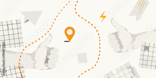 Abstract illustration featuring a location pin thumbs up and connecting dotted lines