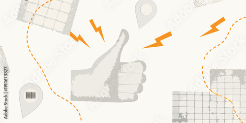 A gray thumbs up illustration surrounded by map elements and electrical symbols