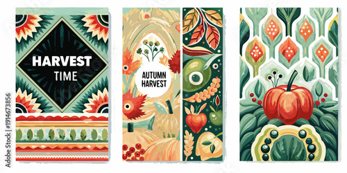 Colorful autumn harvest banners with floral and fruit patterns