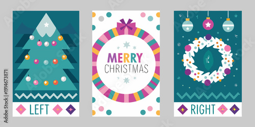 Three festive christmas cards with geometric shapes and holiday decorations