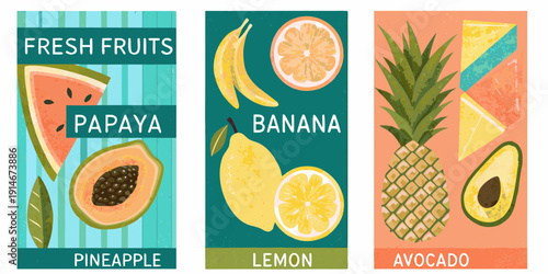 Colorful illustrations of various fresh fruits in a retro style
