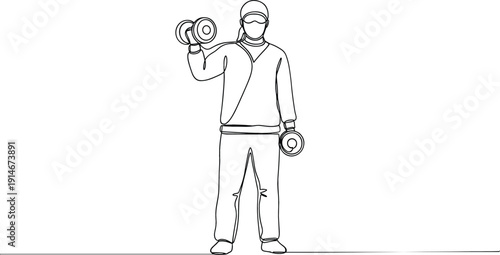 Continuous line drawing of a person in a head covering lifting dumbbells representing inclusive fitness strength training and healthy lifestyle.