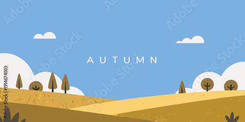 Minimalist illustration featuring autumn text over a rolling landscape