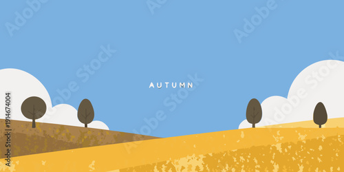 Minimalist autumn landscape with stylized trees and a blue sky