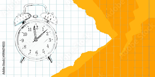 Sketch of an alarm clock against a grid and torn orange paper