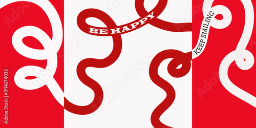Abstract art with red and white swirls and text