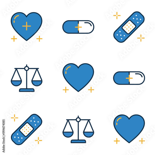 A set of health and medical-themed icons featuring hearts, pills, band-aids, and scales, symbolizing care, wellness, and balance.