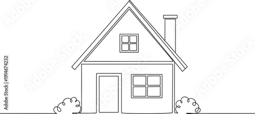 Continuous line drawing of a residential suburban house with a chimney representing family homeownership real estate property and neighborhood housing.