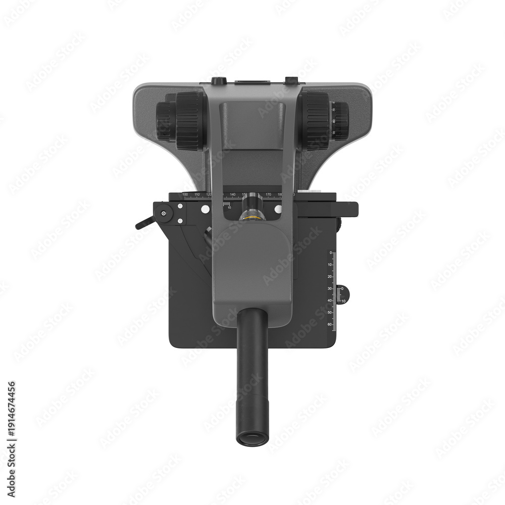 Naklejka premium Black monocular compound microscope top view with focus knobs and stage controls
