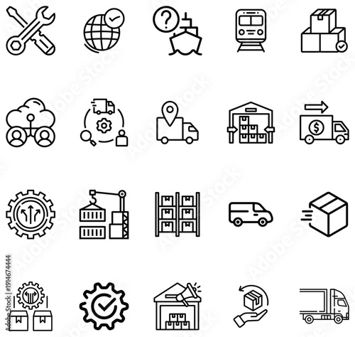 Logistics and Delivery Set Global Shipping Warehousing and Transportation Symbols