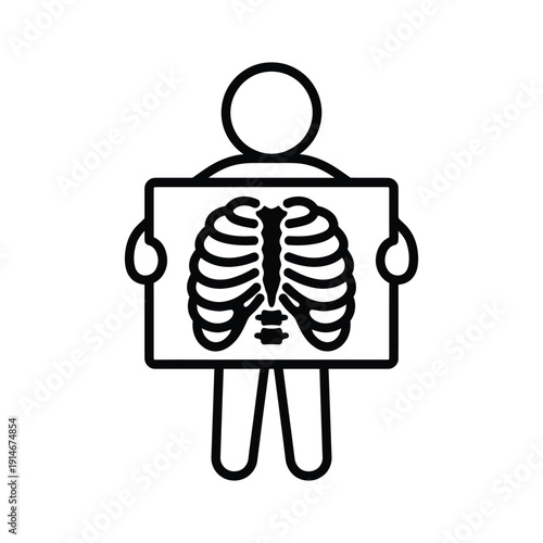 Simple line drawing depicting a person holding an x ray of a chest