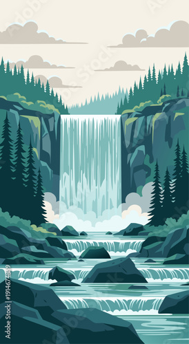 Serene Waterfall Landscape Vector Illustration with Lush Greenery and Flowing Water