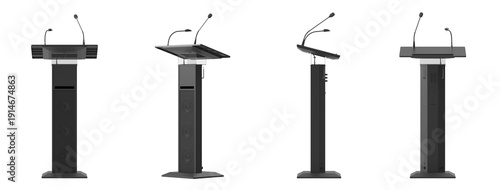 Bild auf Leinwand Four modern lecterns with microphones displayed from different angles on a white