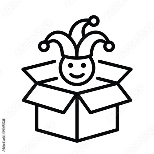 A smiling jester s head emerging from an open cardboard box outline