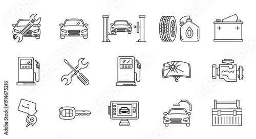 Collection of hand-drawn car repair and maintenance icons.