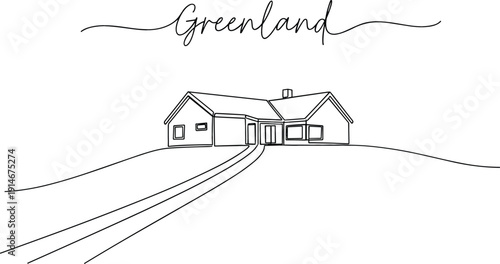 Continuous one line drawing of a remote cottage house in Greenland with snowy road for arctic travel concept