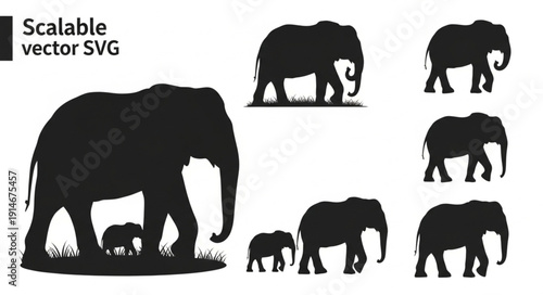 Collection of Elephant Silhouettes in Various Poses.