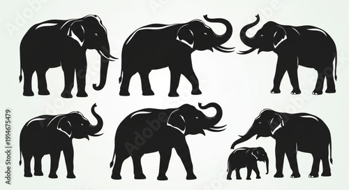 Collection of Elephant Silhouettes in Various Poses.