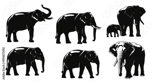Collection of Elephant Silhouettes in Various Poses.