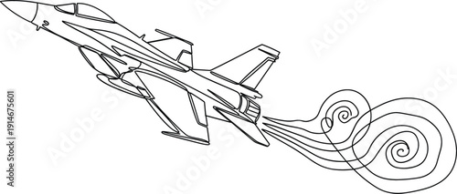 Continuous one line drawing of military fighter jet flying with smoke trails for air force and aviation concept