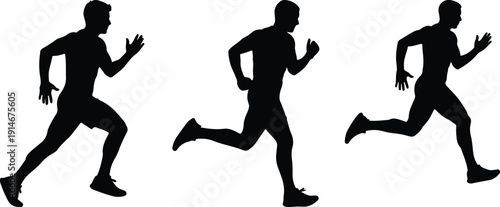 Three dynamic silhouettes of male runners sprinting, isolated on a white background.