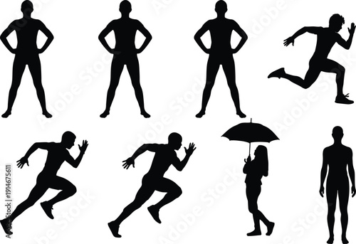 Dynamic silhouettes of male runners, standing women, and a woman with an umbrella.