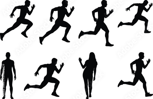 Dynamic vector silhouettes of men sprinting, jogging, standing, and a woman walking, isolated on white.