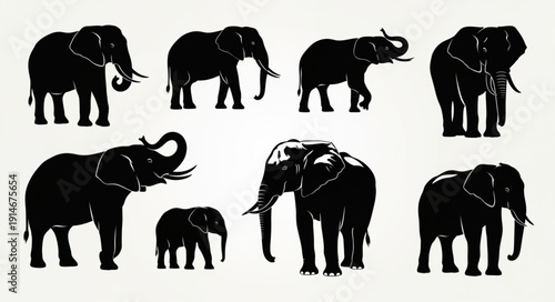 Collection of Elephant Silhouettes in Various Poses.