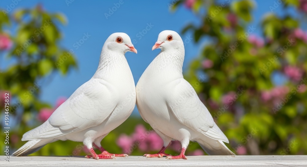 Obraz premium Two pristine white doves stand facing each other on a ledge, symbolizing peace and love amidst a vibrant natural backdrop.
