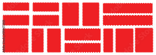 wavy rectangular frames scallop set red. Postage stamp borders.Set of red wavy edge frames. Rectangle shape frame with zigzag edge.Geometric zig zag wavy edge stickers, frames, shapes.Zig zag edge