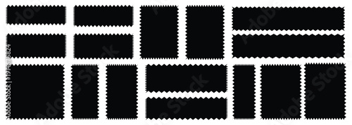 wavy rectangular frames scallop set black. Postage stamp borders.Set of black wavy edge frames. Rectangle shape frame with zigzag edge.Geometric zig zag wavy edge stickers, frames, shapes.Zig zag edge