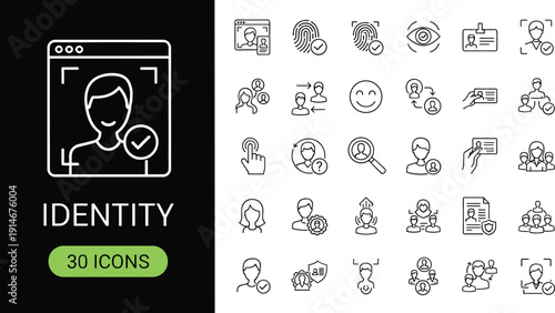 Digital identity and biometric authentication line icon set with 30 editable facial recognition, fingerprint, and security verification symbols.