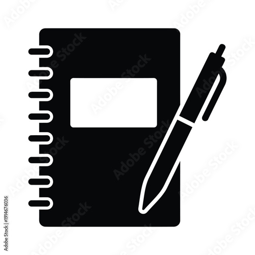 Simple black silhouette of an open notebook and a writing pen