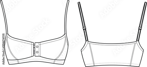 Cropped Bralette Top Technical Drawing Flat Sketch Template Adjustable Spaghetti Straps Snap Button Front and Panel Seaming, Isolated Vector.