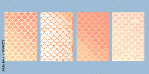Four vertical panels displaying abstract scale like patterns in shades of orange