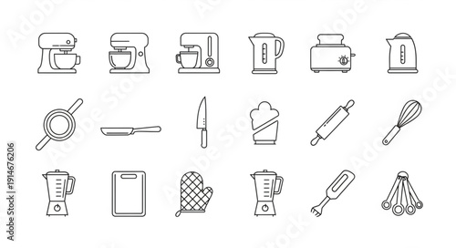 Collection of Hand Drawn Kitchen Appliances and Utensils Icons.