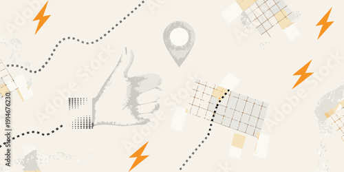 Abstract illustration featuring a hand location pin lightning and dotted lines