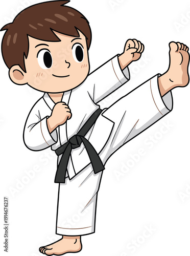 Cute confident little boy in white karate gi with black belt practicing high side kick, cartoon illustration perfect for martial arts, self-defense, and fitness concepts.