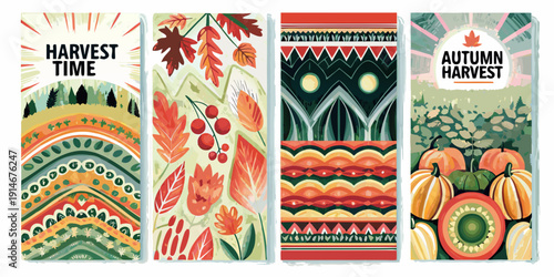 Four decorative autumn themed bookmarks with fall foliage and harvest elements