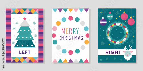 Three colorful christmas card designs with festive illustrations and text
