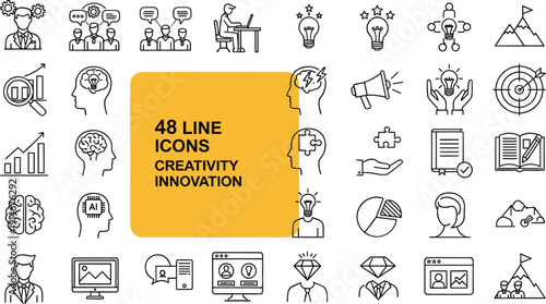 Creativity and innovation line icons set featuring strategic thinking brainstorming sessions problem solving creative workflow and intellectual growth symbols.