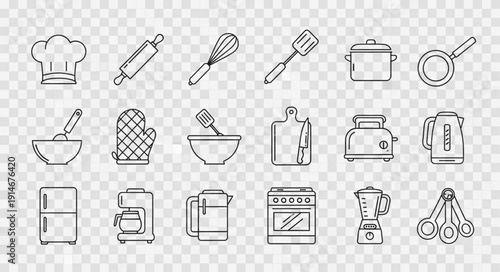 Collection of Hand Drawn Kitchen Utensils and Appliances.