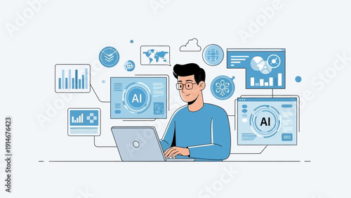 Businessman working with AI technology and data analysis on laptop