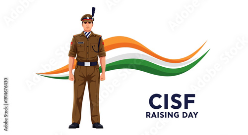 Illustration of an Indian security forces officer in uniform with a tricolor wave design celebrating CISF Raising Day on a white background with a national security theme.